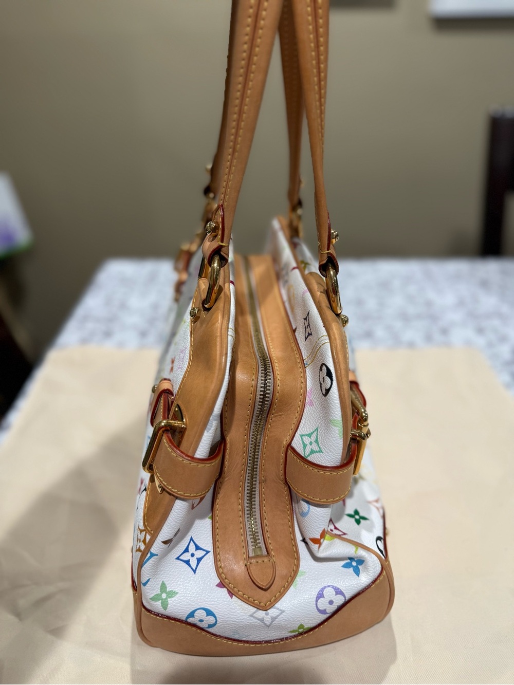 Louis Vuitton White Multicolor Monogram Canvas Shoulder Bag with Tan Trim - Picture 3 of 10